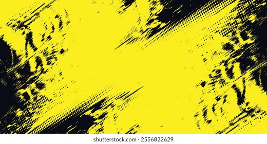 Halftone yellow dots pattern and black gradient grunge texture background. Dotted line comic sport style vector illustration.