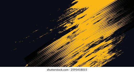 Halftone yellow dots pattern and black gradient grunge texture background. Dotted line comic sport style vector illustration.