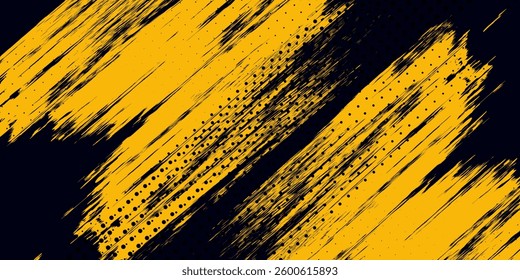 Halftone yellow dots pattern and black gradient grunge texture background. Dotted line comic sport style vector illustration.