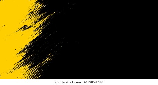 Halftone yellow dots pattern and black gradient grunge texture background. Dotted line comic sport style vector illustration.