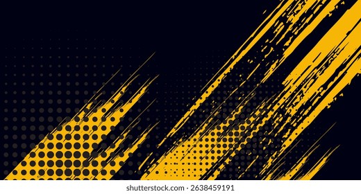 Halftone yellow dots pattern and black gradient grunge texture background. Dotted line comic sport modern good