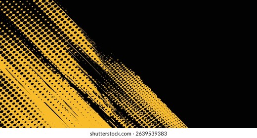 Halftone yellow dots pattern and black gradient grunge texture background. Dotted line comic sport style modern arts grunge