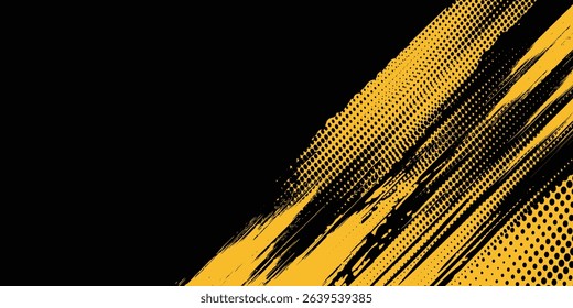 Halftone yellow dots pattern and black gradient grunge texture background. Dotted line comic sport style modern arts grunge