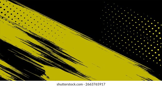Padrão de pontos amarelos de meio-tom e fundo de textura grunge gradiente preto. Linha pontilhada estilo cômico esporte elegante ilustração vetorial.