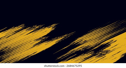 Halftone yellow dots pattern and black gradient grunge texture background. Dotted line comic sport style vector illustration.