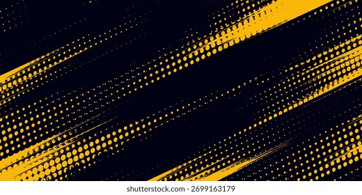 Patrón de puntos amarillos semitono y fondo de textura grunge degradado negro. Ilustración vectorial de estilo deportivo cómico de línea punteada.

