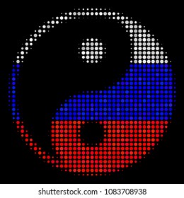 Halftone Yin Yang icon colored in Russian state flag colors on a dark background. Vector concept of yin yang icon constructed of circle dots. Designed for political and Russian patriotic purposes.