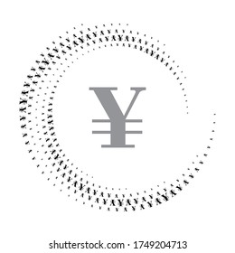 Halftone yuan sign in circle form. Round logo or icon. Vector frame as design element. In center is the repeated element.