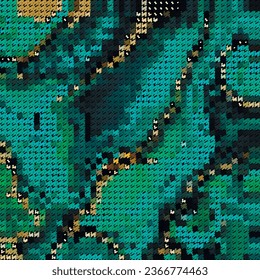 Halftone zigzag lines waves muir mural coastlines textured mosaic pattern. Beautiful wavy lines liquid vector background. Modern half tone zigzag ornaments in blue turquoise green gold black colors.