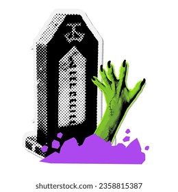 Halftone zombie hand stick out from ground or graves near tombstone. Happy Halloween holiday retro collage sticker concept. Trendy vector illustration in mixed media style for Halloween events .