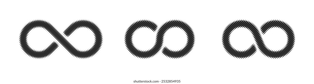 Símbolos de infinito preto pontilhados em meio-tom. Elementos de design de ruído para infinitos ilimitados, infinitos, eternidade, loop, descontinuação e conceitos de repetição. Ilustração vetorial de grão de Grunge