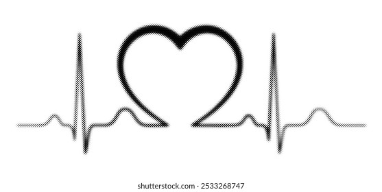 Halftone-dotted heartbeat pulse, rhythm, Electrocardiogram, ECG, and EKG signal line pattern with a heart in the middle isolated on a white background. Retro noisy grain vector illustration