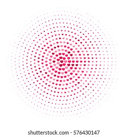 Halftones abstract background with hearts. Vector dots texture. Vintage or retro red wallpaper. Modern love round backdrop