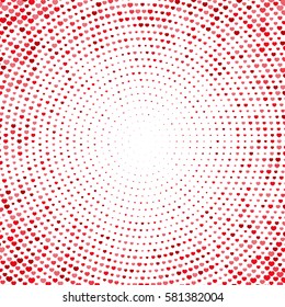 Halftones abstract background with hearts. Vector dots texture. Vintage or retro wallpaper. Modern love round backdrop