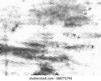 fondo de medio tono . Los Círculos Parchados Dañados Por Distancia Superponen La Textura De Los Puntos . Efecto grueso. Patrón vectorial
