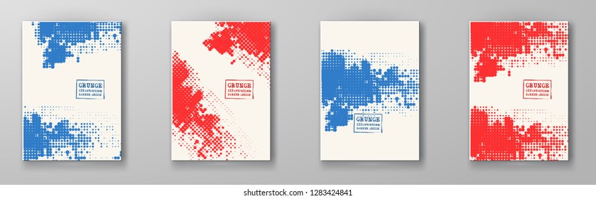 Halftones Banner. Blue red blue color Brochure set. Distress Dirty Damaged Spotted rectangle Overlay Dots Texture . Grunge Effect .