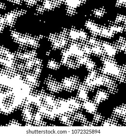 Halftones and random spots vector background. Black and white dotted abstract grunge overlay texture.