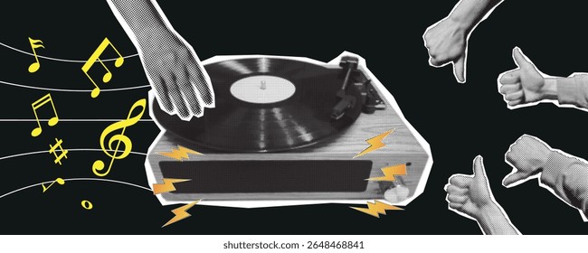 Ilustração de recorte em estilo de meio-tom de um gravador de vinil com mãos humanas mostrando polegares para cima e polegares para baixo, simbolizando avaliação musical ou feedback.