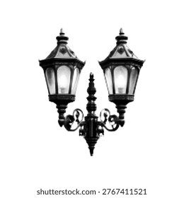 Halftone-style illustration of a decorative wall-mounted lantern fixture with two lamps. The design is symmetrical, featuring two classic lantern heads on either side, connected by ornate curved metal arms to a central mount. The style is reminiscent of vintage or Victorian outdoor lighting, often seen on building exteriors or gates.