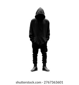 Halftone-style illustration of a person standing facing forward, wearing a hooded sweatshirt with the hood up, hands in pockets. The figure is rendered in a dotted black-and-white pattern, creating a shadowy, anonymous silhouette with a modern, urban feel.