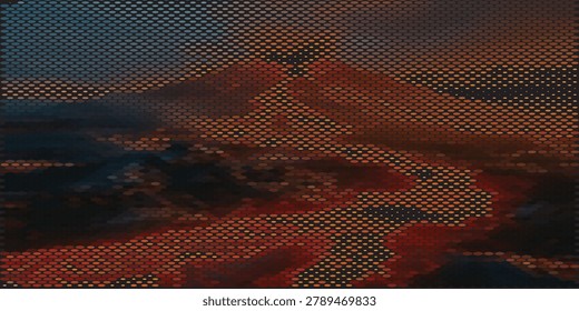 Halftone-style mountain landscape featuring a winding river at sunset, dramatic golden sky and silhouetted ridgelines; abstract dotted texture adds a retro digital aesthetic and atmospheric, peaceful mood.

