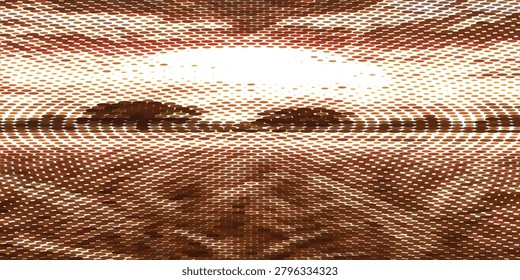 Halftone-style sunset over a calm ocean with two island silhouettes and shimmering dotted reflections. Warm sepia tones create a vintage, serene, abstract seascape ideal for background, design, and concept art.


