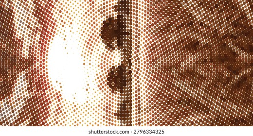 Halftone-style sunset over a calm ocean with two island silhouettes and shimmering dotted reflections. Warm sepia tones create a vintage, serene, abstract seascape ideal for background, design, and concept art.


