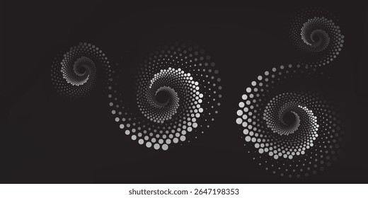 Halftonewhite circular dotted frames set. Circle dots texture isolated on black background. Spotted spray texture.Modern simple art good abstract graphic line