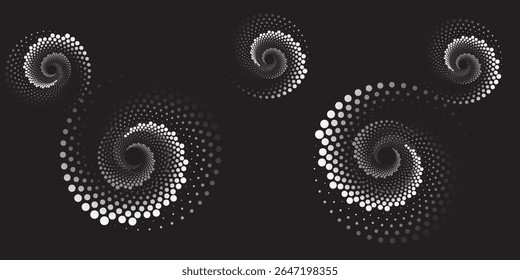 Halftonewhite circular dotted frames set. Circle dots texture isolated on black background. Spotted spray texture.Modern simple art good abstract graphic line vector