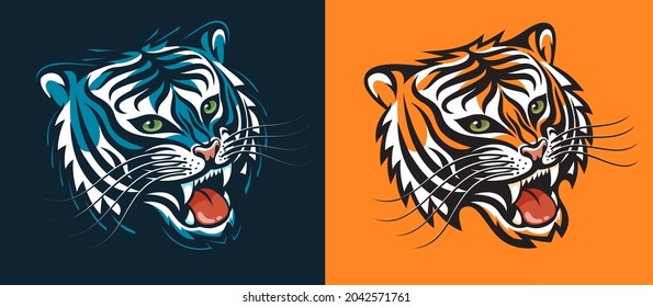 Half-turn tiger head growls - logo style. Black water tigress. Vector illustration.