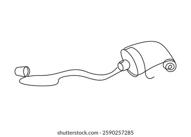 Half-used tube with paint, cream, or toothpaste leaking out of it, drawn with continuous line in minimalism, abstract, type of packaging, one line, editable vector contour