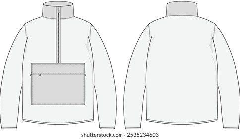 Half-Zip Pullover Polar Fleece Jacket design vetor plano esboço moda ilustração CAD modelo frente e atrás vistas com um grande bolso frontal