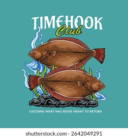 Halibut Fish Badge Colorful Vector Cartoon Illustration for sticker emblem t-shirt banner invitation