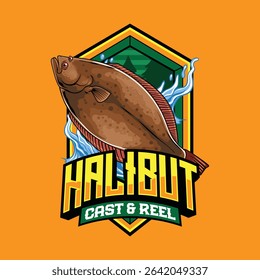 Halibut Fish in Colorful Vector Cartoon Illustration for sticker badge emblem t-shirt banner invitation