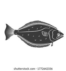 Halibut fish glyph icon. Badge flounder fish for design seafood packaging and market. Vector illustration.