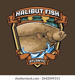 Halibut fish Logotype in Colorful Vector Cartoon Illustration for sticker badge emblem t-shirt banner invitation