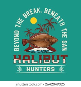 Halibut Fish Logotype in Colorful Vector Cartoon Illustration for sticker badge emblem t-shirt banner invitation