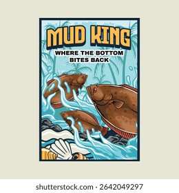 Halibut fish Poster in Cartoon Illustration. Perfect for fishing clubs, outdoor adventure, wildlife, and nature-themed