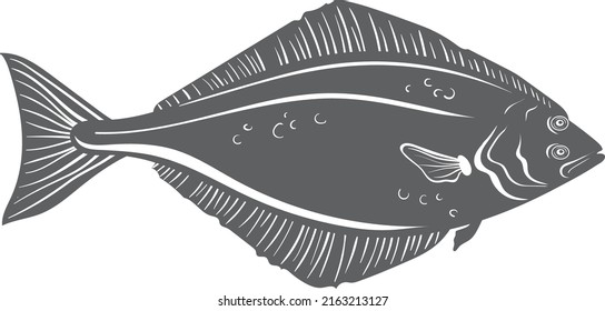 Halibut icon. Black fish silhouette. Fisher club logo isolated on white background