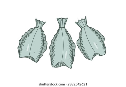 Heilbutt Zeichnungsdoodle eines kopflosen Fisches. Überflutete Vektorgrafik von rohen oder getrockneten Fischen, Meeresfrüchten.