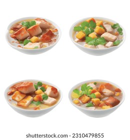 Halibut soup with meat cubes and chicken broth realistic 3d vector graphic isolated white background