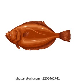 Halibut Vector Illustration. Cartoon Isolated Sea Or Ocean Fresh Fish For Seafood Restaurant Menu, Saltwater Healthy Fish Product And Aquaculture Of Commercial Fishing Food Industry, Fishery Object