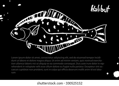 Halibut.Vector isolated illustration. Ink. Hand drawn. Illustration for cooking site, menus, books. Black board