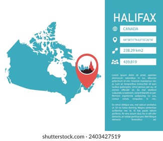 Halifax Canada map shape vector infographics template. Modern city data statistic illustration, graphic, layout for Nova Scotia province