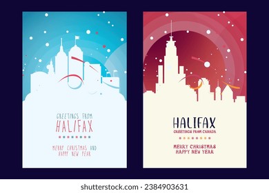 Halifax city poster with Christmas skyline, cityscape, landmarks. Winter Canada Nova Scotia holiday, New Year vertical vector layout for brochure, website, flyer, leaflet, card