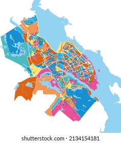 Halifax, Nova Scotia, Canada colorful high resolution vector art map with city boundaries. White outlines for main roads. Many details. Blue shapes for water. 