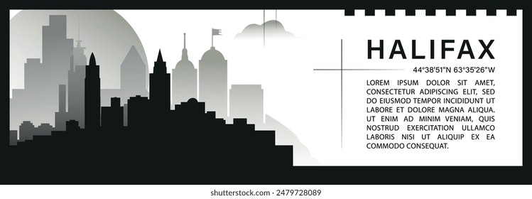 Halifax skyline vector banner, black and white minimalistic cityscape silhouette. Canada Nova Scotia province city horizontal graphic, travel infographic, monochrome layout for website