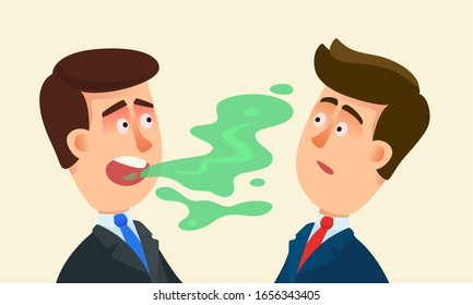 Halitosis, bad breath. Man has bad breath during a conversation with colleague. Person wrinkles nose because unpleasant smell. Oral care. Vector illustration, flat design, cartoon style, isolated.