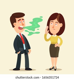 Halitosis, bad breath. A man talking to a woman, man has very bad breath. Woman covers her nose with hand. Oral care, dental hygiene. Vector illustration, flat design, cartoon style, isolated.