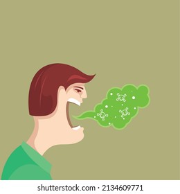 Halitosis, bad breath, talking man with stink from mouth, very bad breath, oral care  hygiene, vector